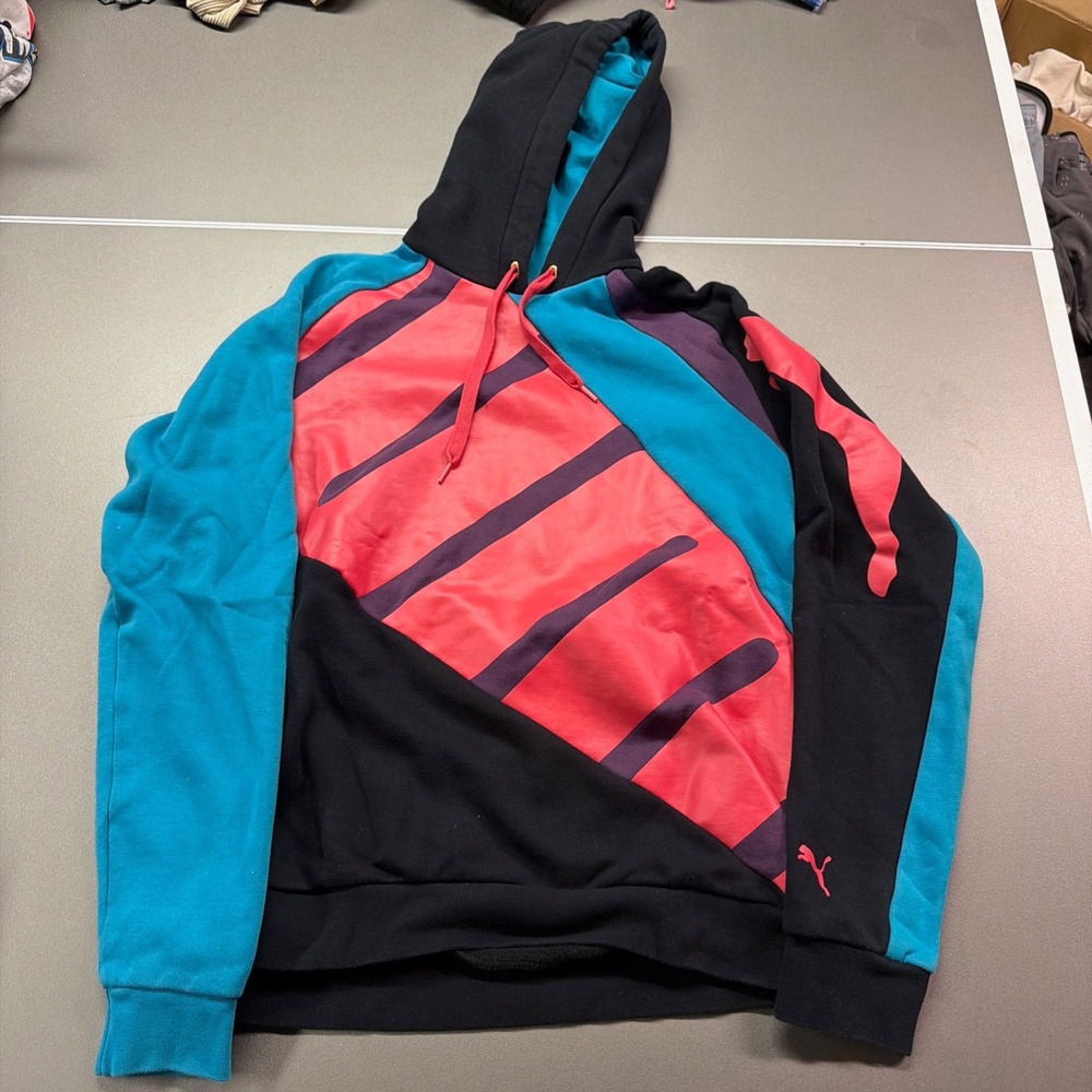 Puma Mens Sportlifestyle Colorblock Hoodie Black Pink Teal Graphic Sweatshirt M - Picture 2 of 6